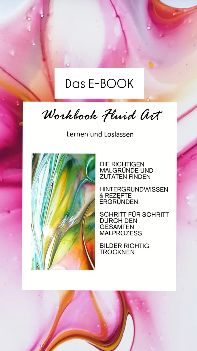 E-Book-Cover mit bunten Fluid-Art-Motiven und Titel "Workbook Fluid Art".